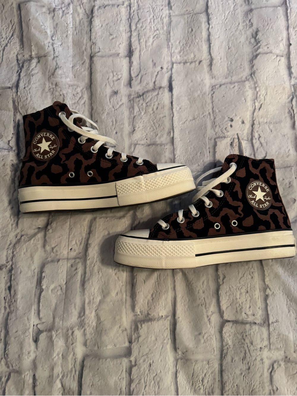 Converse High Top Platform Sneakers in Brown Leopard Print - Picture 1 of 6